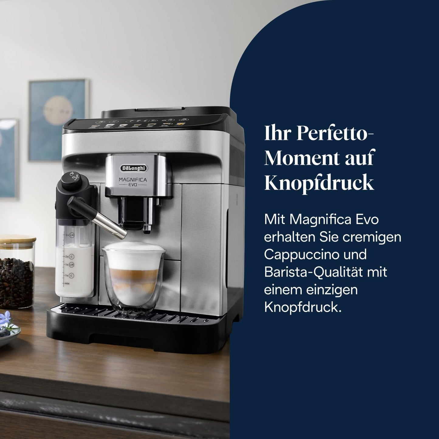 Magnifica Evo (ECAM292.81.SB)- Kaffeevollautomat,7 One-Touch-Getränke,Cappuccino & Espresso,Kaffeemaschine,Soft-Touch-Bedienfeld,Silber
